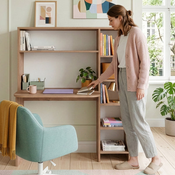 Bureau Onega avec étagère intégrée 143 x 114 x 40 cm effet bois [en.casa]