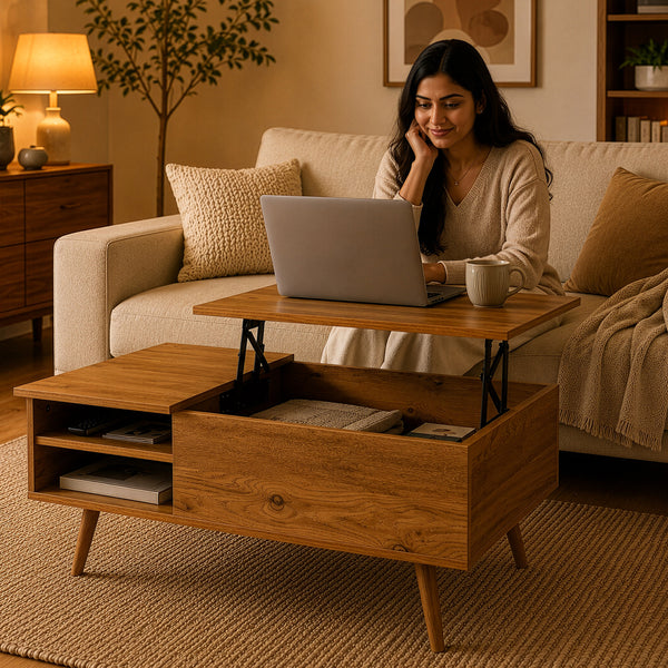 Table basse Vasdabod avec plateau relevable 96x59x50 cm aspect chêne [en.casa]