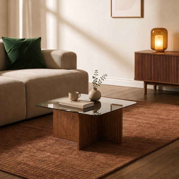 Table basse Benexjö avec plateau en verre 70 x 70 x 36 cm effet noyer / gris [en.casa]