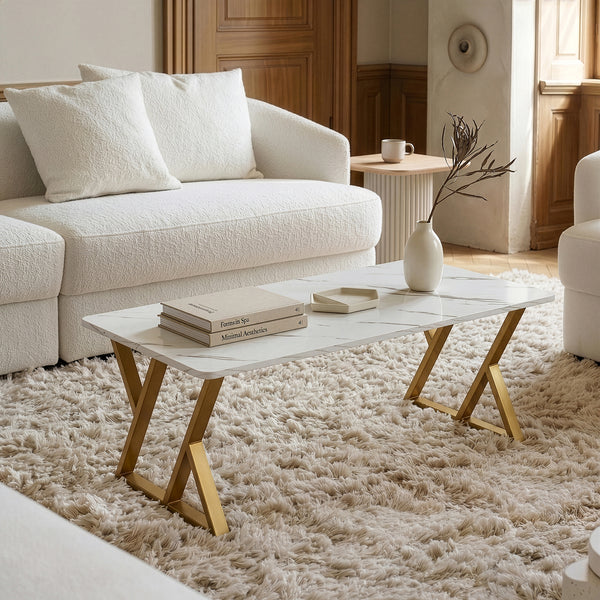 Table basse Nolu 120 x 60 x 46 cm doré / effet marbre, blanc [en.casa]
