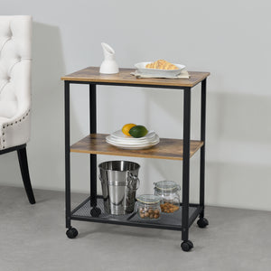 Chariot de Service Freiburg Roulettes Vérouillables 76,5 x 60 x 40 cm Bois Foncé Noir [en.casa]