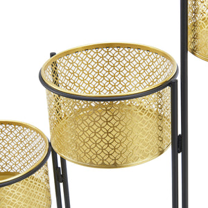 Support de plante (à 3 cache-pots) Doel pliable noir laiton [en.casa]