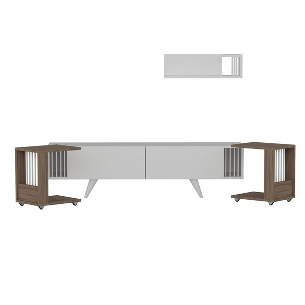 Table TV avec étagère et 2 tables d'appoint Glostrup aspect chêne / blanc [en.casa]