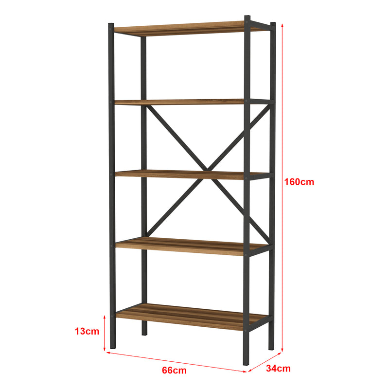 Croquis coté Étagère de cuisine Tomelilla à 5 niveaux 160 x 66 x 34 cm effet noyer / anthracite [en.casa]