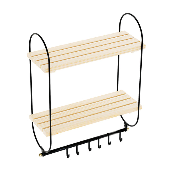 Étagère murale Pielavesi avec 6 crochets Noir/Nature [en.casa]