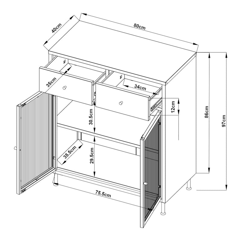 Croquis coté Buffet Lindau acier verre 97 x 80 x 40 cm blanc crème [en.casa]
