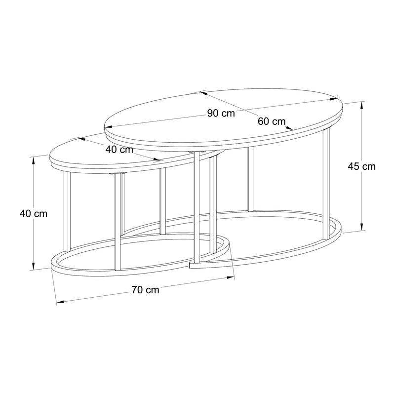 Croquis coté Lot de 2 tables basses gigognes Niederlande de tailles différentes noir effet chêne [en.casa]