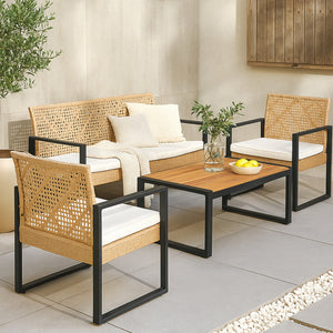 Salon de jardin 4 pièces Calciano aspect rotin beige noir naturel casa.pro