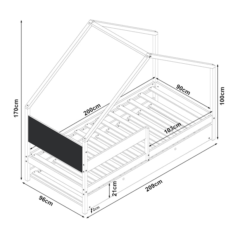Croquis coté Lit cabane gigogne enfant Sodankylä en bois de pin 90x200 cm avec 2 matelas et sommier [en.casa] [neu.haus]