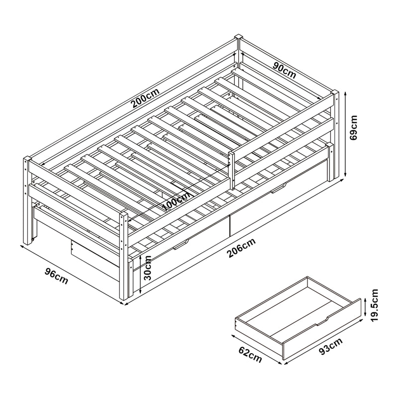 Croquis coté Lit gigogne pour enfant Sonkajärvi avec matelas à mousse froid bois de pin 90 x 200 cm naturel [en.casa]