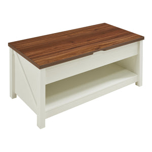 Table basse Kasama avec plateau relevable et espace de rangement 110x55x54 cm aspect noyer/blanc [en.casa]