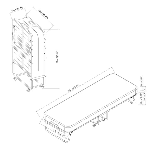Lit pliant avec matelas à mémoire de forme Borjavle 90 x 200 cm noir gris blanc [en.casa]