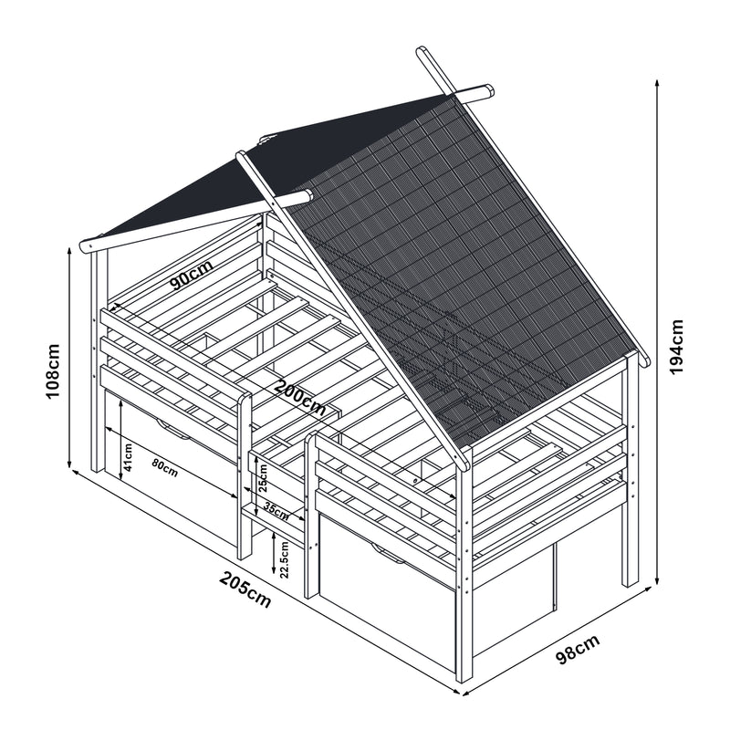 Croquis coté Lit cabane Surnadal avec matelas à mousse froide bois de pin 90 x 200 cm naturel blanc beige [en.casa]