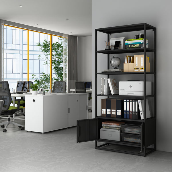 Bibliothèque avec armoire Hailuoto 80 x 40 x 180 cm acier noir mat [en.casa]