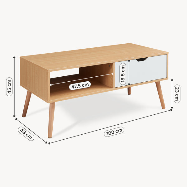 Table basse Bordkak avec tiroir 100x48x45 cm aspect chêne/blanc [en.casa]