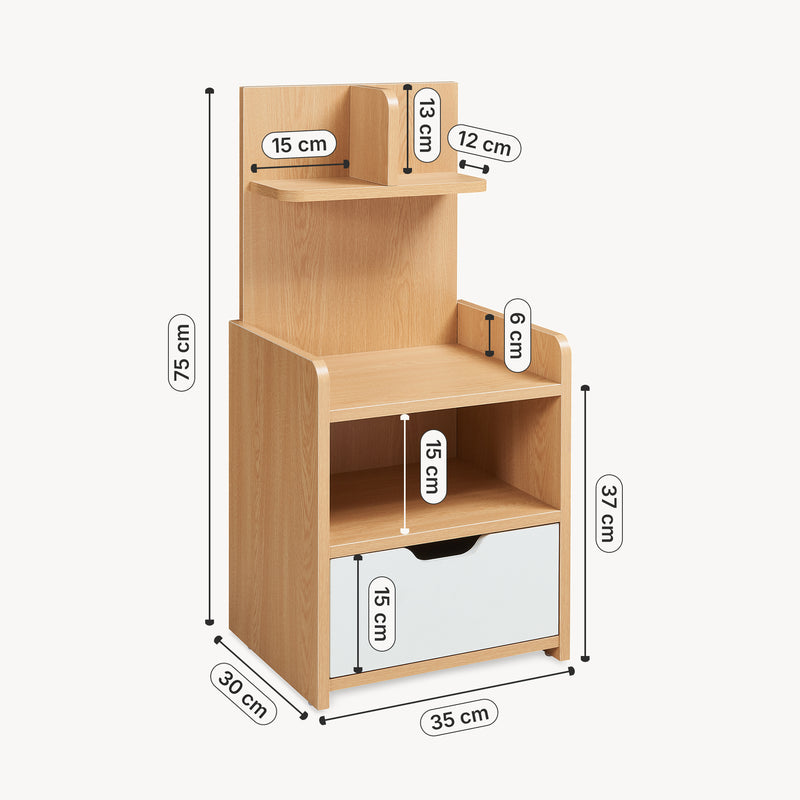 Croquis coté Table de nuit Bordkak avec une étagère 75 x 35 x 30 cm effet chêne / blanc [en.casa]
