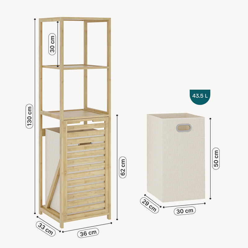 Croquis coté Étagère de salle de bain avec panier à linge Anun 130 x 36 x 33 cm bambou effet bois [en.casa]