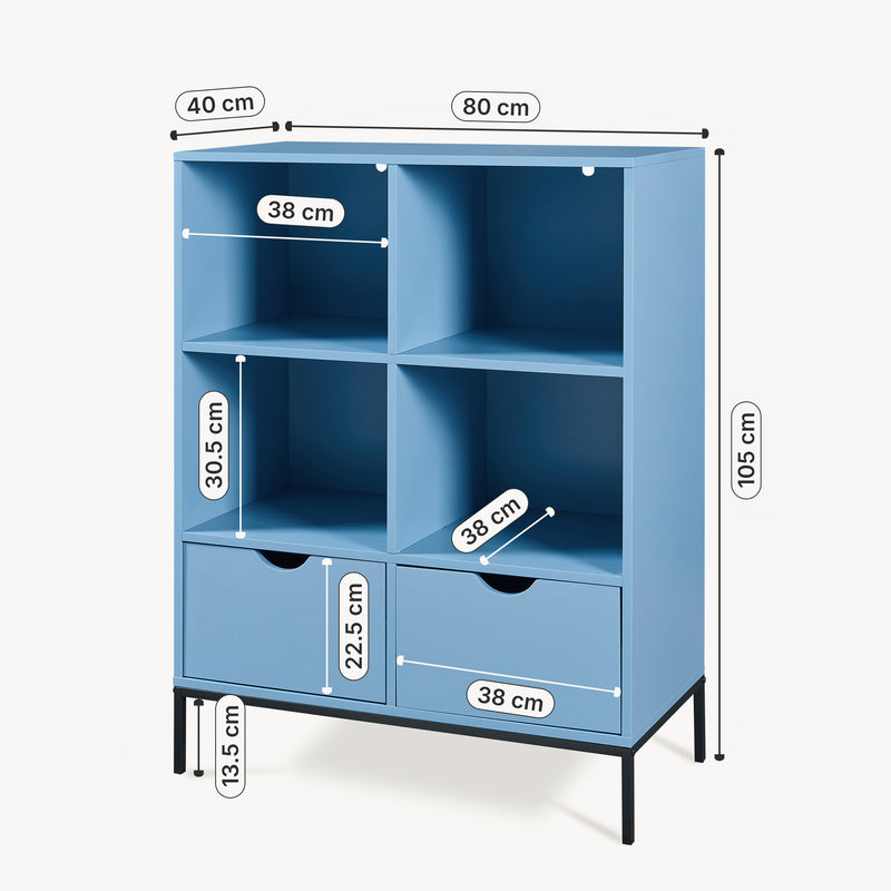 Croquis coté Bibliothèque Colwyn avec 2 tiroirs 105 x 80 x 40 cm bleu [en.casa]