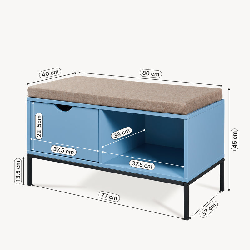 Croquis coté Banc à chaussures Colwyn 80 x 40 x 45 cm bleu [en.casa]