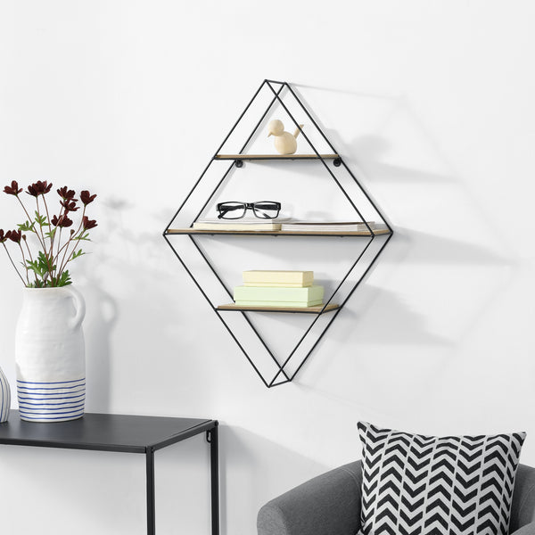 [en.casa] Etagère Murale en Forme Losange Meuble de Rangement Métal Bois Couleur Effet Bois et Noir 47 x 12 x 64 cm