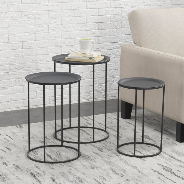 Table d'appoint Anaklia lot de 3 rond métal noir en.casa