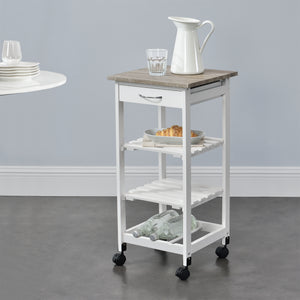 Chariot de Service Chariot de Cuisine Chariot Roulant Desserte avec Tiroir Roulettes Vérouillables MDF Plastique 76 x 37 x 37 cm Bois Naturel Blanc [en.casa]