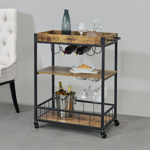 Chariot de Service Thalwil avec Range-Bouteilles Range-Verres Plateau Amovible Bois Foncé Noir [en.casa]