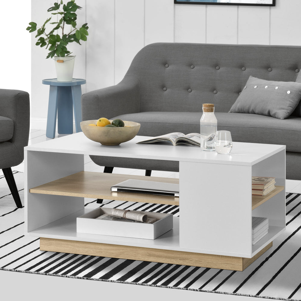 Table basse Trelleborg 100x60x46 cm avec 2 étagères blanc/chêne en.casa - premiumXL