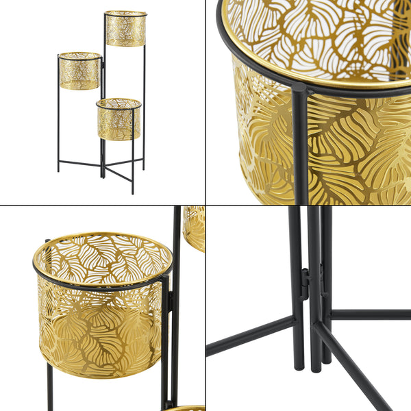 Support de plante (à 3 cache-pots) Verrebroek métal laiton noir [en.casa]