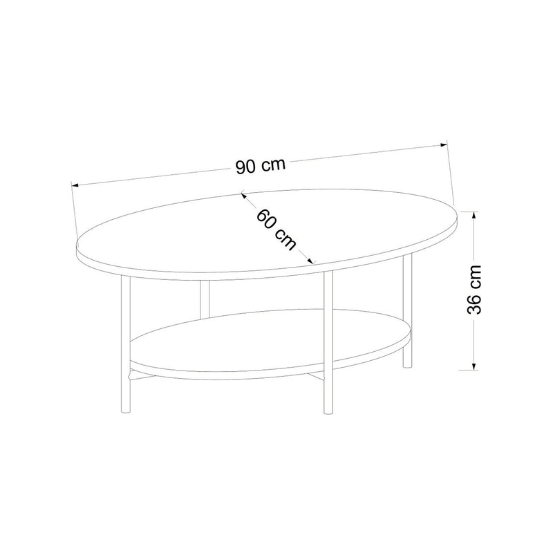 Croquis coté Table basse ovale Fredericia avec espace de rangement effet chêne / blanc [en.casa]