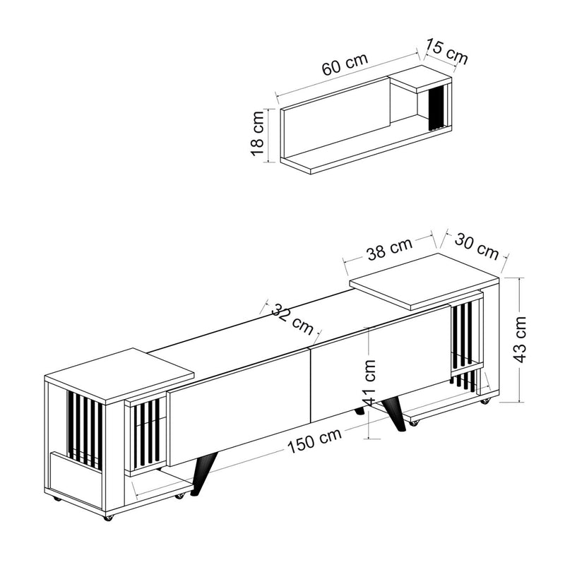 Croquis coté Meuble TV Glostrup avec 2 tables d'appoint et une étagère murale effet chêne / blanc [en.casa]