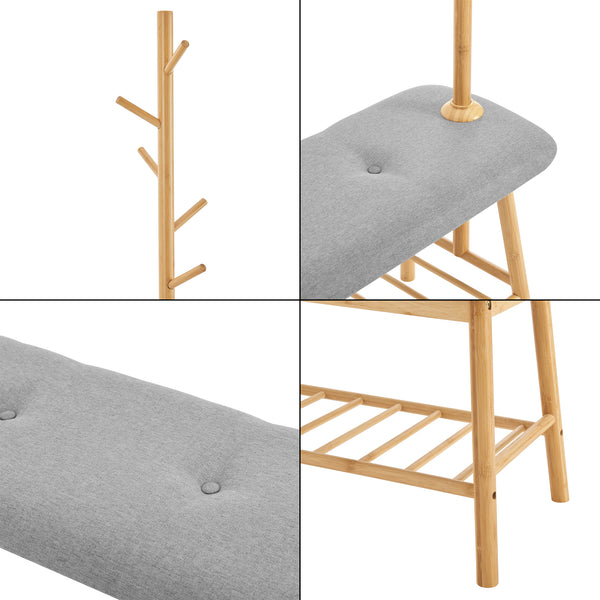 Banc à chaussures avec portemanteau Bygland bambou polyester 165 x 90 x 34 cm naturel gris [en.casa]