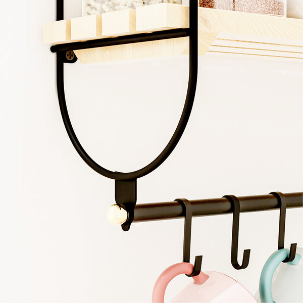 Étagère murale Pielavesi avec 6 crochets Noir/Nature [en.casa]