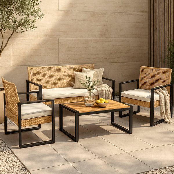 Salon de jardin 4 pièces Calciano aspect rotin beige noir naturel casa.pro