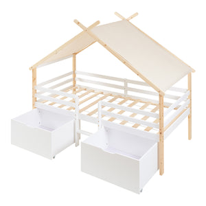 Lit maison Surnadal avec matelas 90x200 cm Bois de pin Blanc/Nature [en.casa]