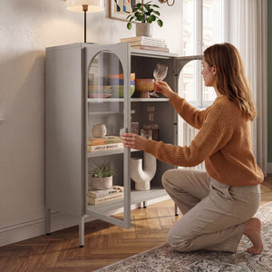 Buffet haut Klippestad acier verre trempé 95 x 80 x 35 cm camel [en.casa]
