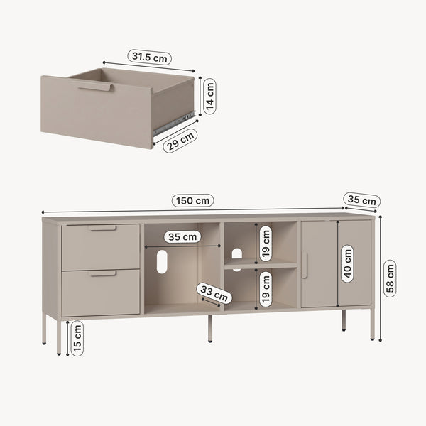 Meuble TV Kliri acier 150 x 35 x 58 cm camel [en.casa]