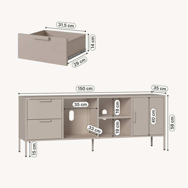 Croquis coté Meuble TV Kliri acier 150 x 35 x 58 cm camel [en.casa]