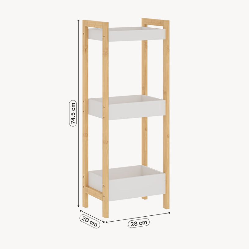 Croquis coté Étagère de salle de bains Anun 75 x 28 x 20 cm bambou naturel / blanc [en.casa]