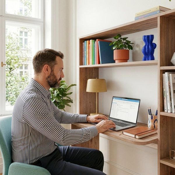 Bureau Onega avec étagère intégrée 143 x 114 x 40 cm effet bois [en.casa]