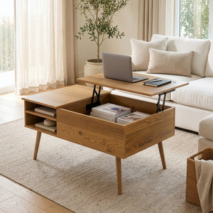 Table basse Vasdabod avec plateau relevable 96x59x50 cm aspect chêne [en.casa]
