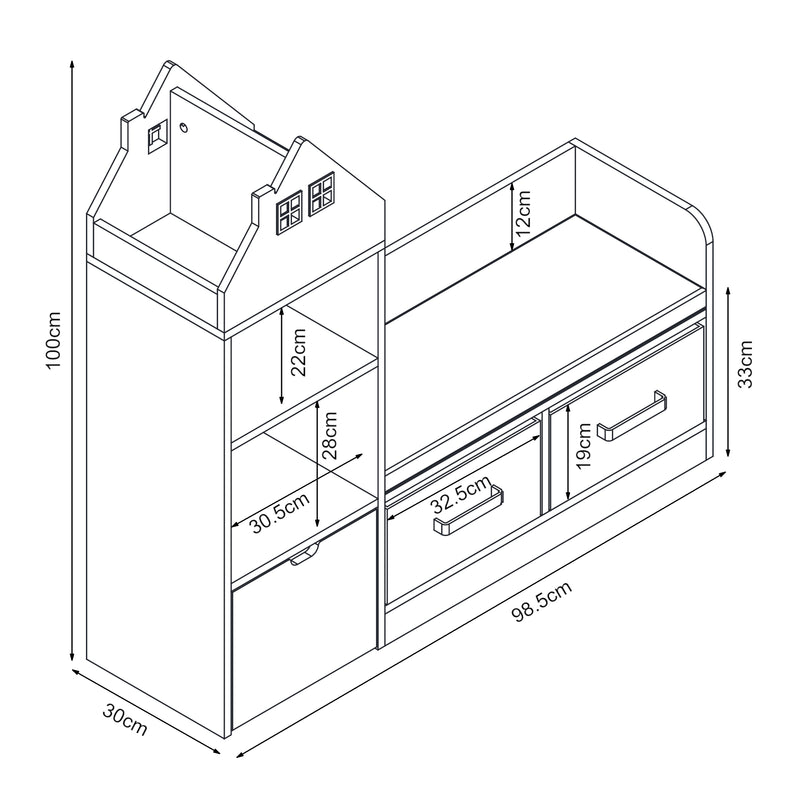 Croquis coté Banc pour enfant avec étagère Vipsali 100 x 99 x 30 cm [en.casa] 