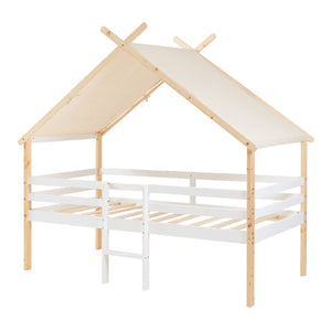 Lit maison Surnadal avec matelas 90x200 cm Bois de pin Blanc/Nature [en.casa]