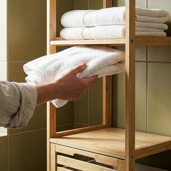 Étagère de salle de bain avec panier à linge Anun 130 x 36 x 33 cm bambou effet bois [en.casa]