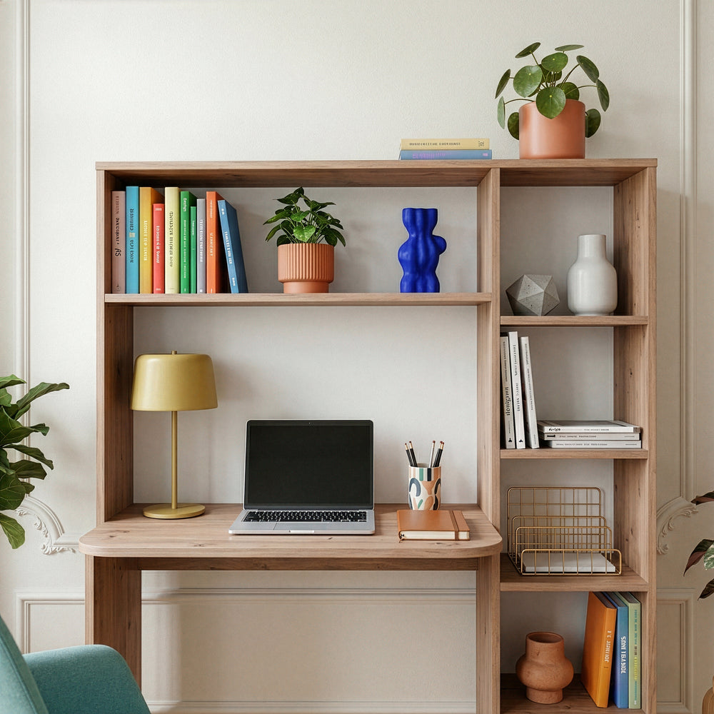 Bureau Onega avec étagère intégrée 143 x 114 x 40 cm effet bois [en.casa]