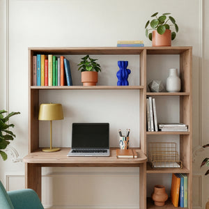 Bureau Onega avec étagère intégrée 143 x 114 x 40 cm effet bois [en.casa]