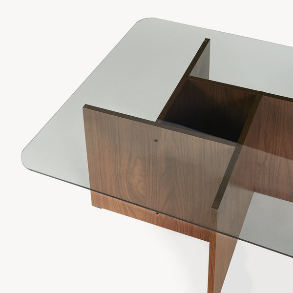 Table basse Benexjö avec plateau en verre 70 x 70 x 36 cm effet noyer / gris [en.casa]