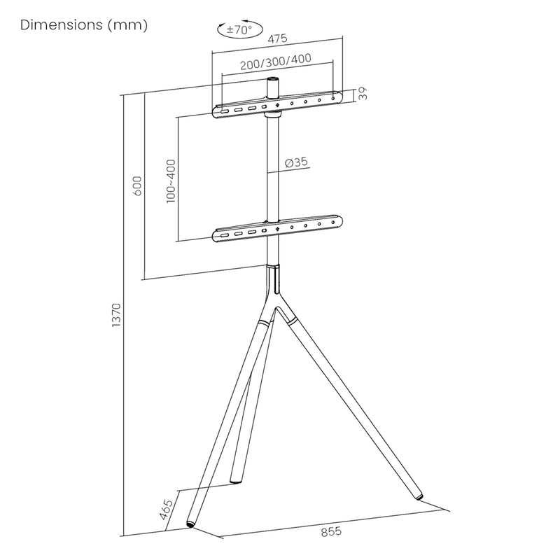 Croquis coté Support TV sur pied Valle jusqu'à 65 pouces 137 x 85,5 x 46,5 cm pro.tec