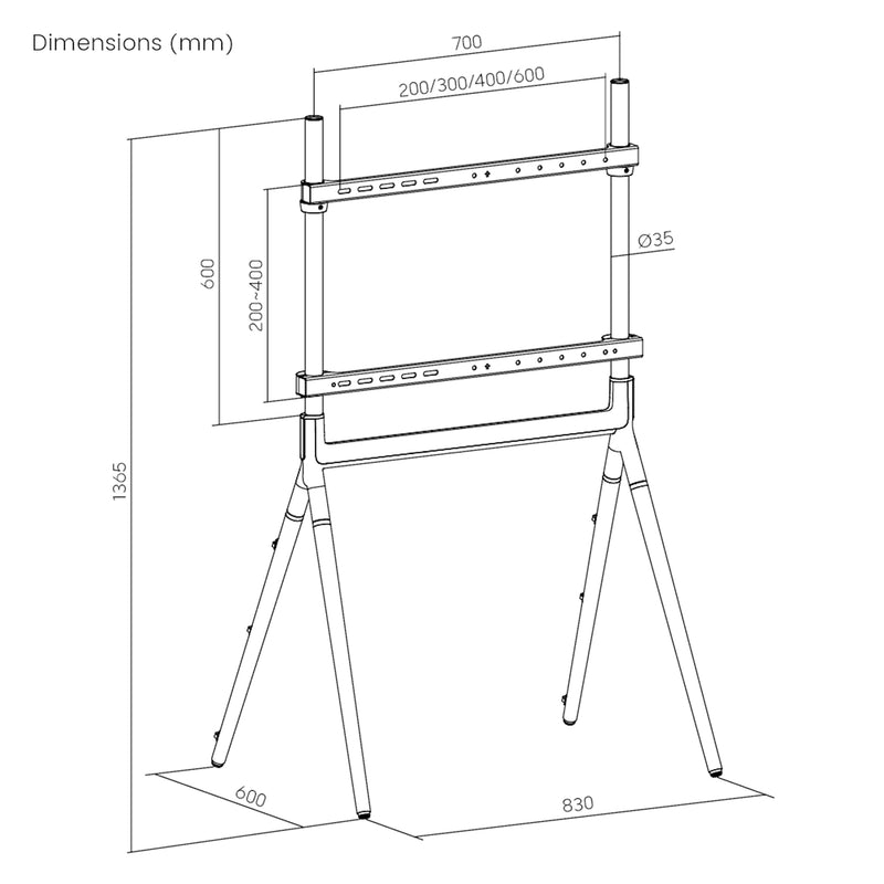 Croquis coté Support TV Vega jusqu'à 70 pouces noir mat pro.tec