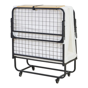 Lit pliant en métal Lustendi avec matelas 200x90cm Noir/effet chêne [en.casa]